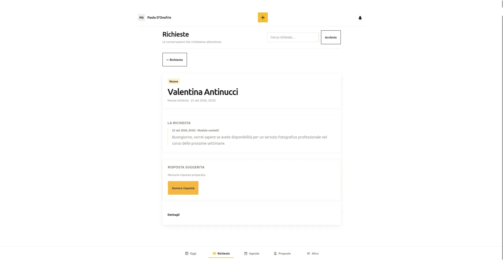 Richiesta cliente nello stato Nuova