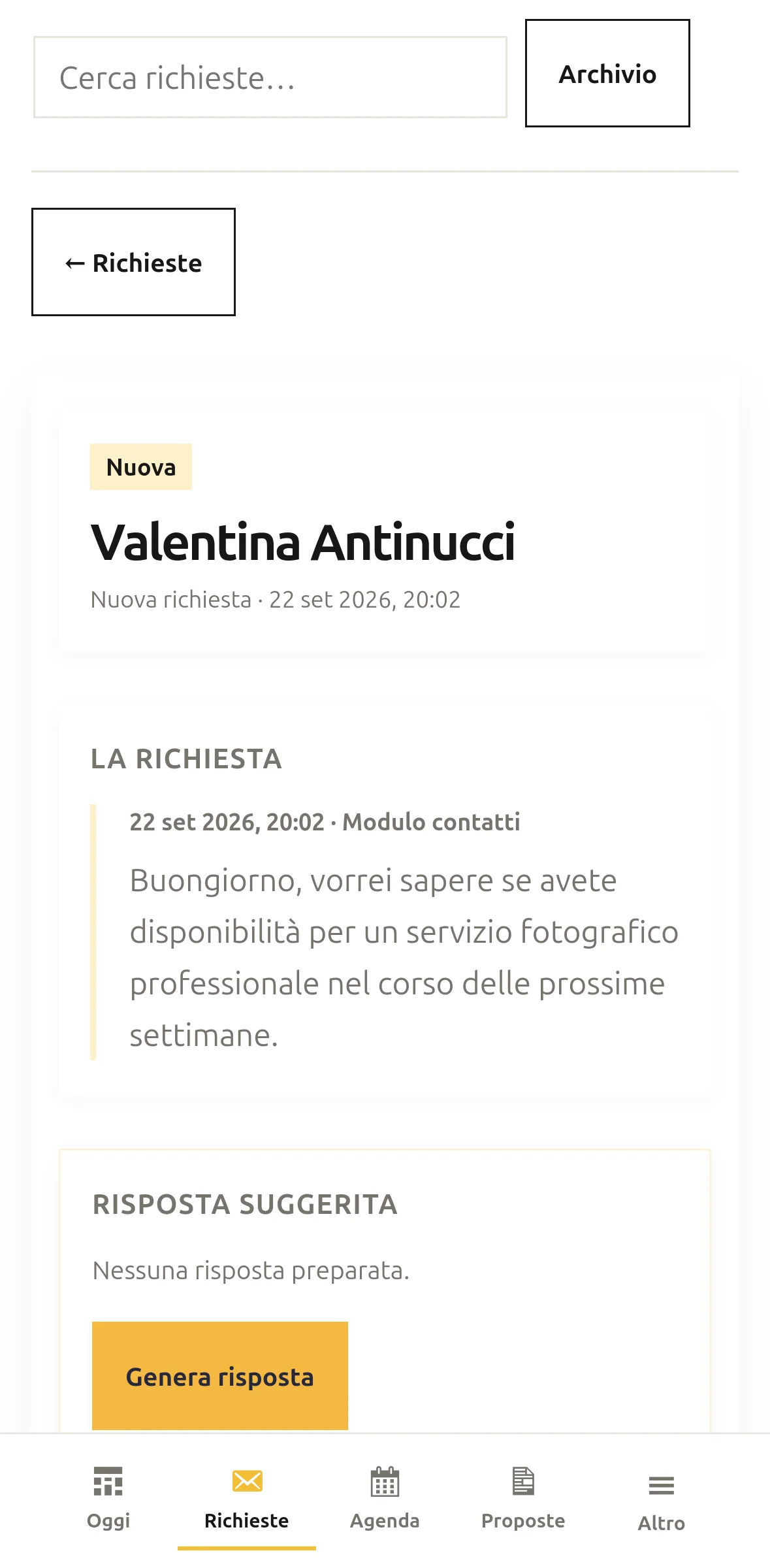 Richiesta cliente nello stato Nuova