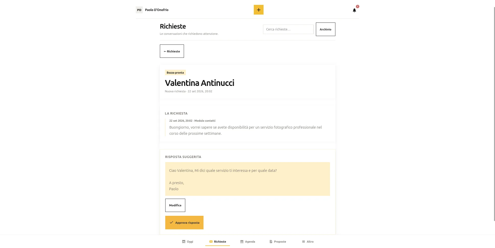 Risposta suggerita preparata a partire dalla richiesta