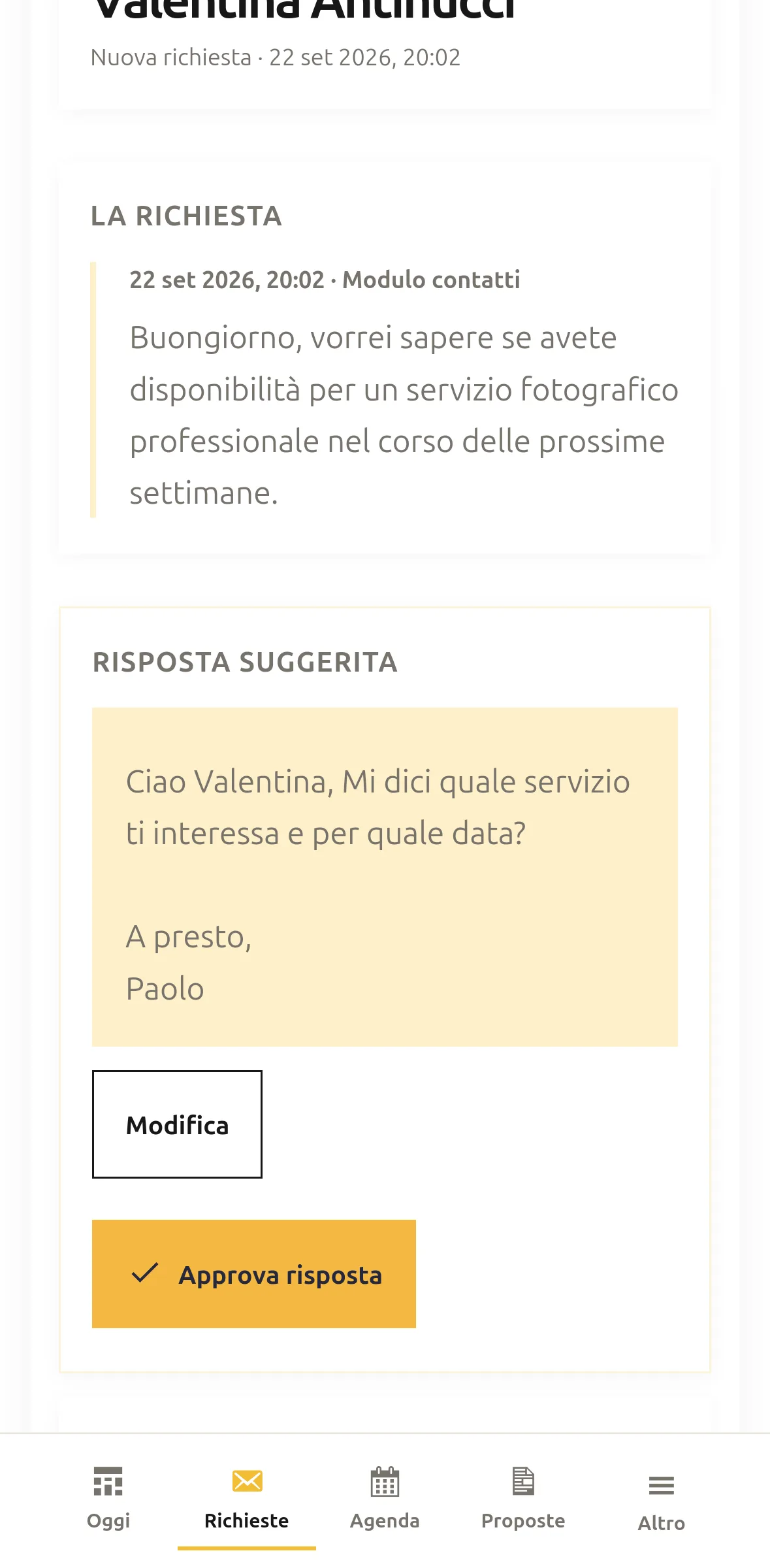 Risposta suggerita preparata a partire dalla richiesta