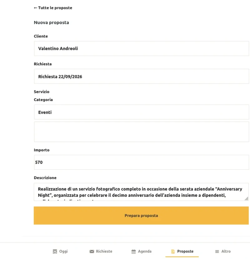 Preparazione di una proposta con servizio, importo e descrizione