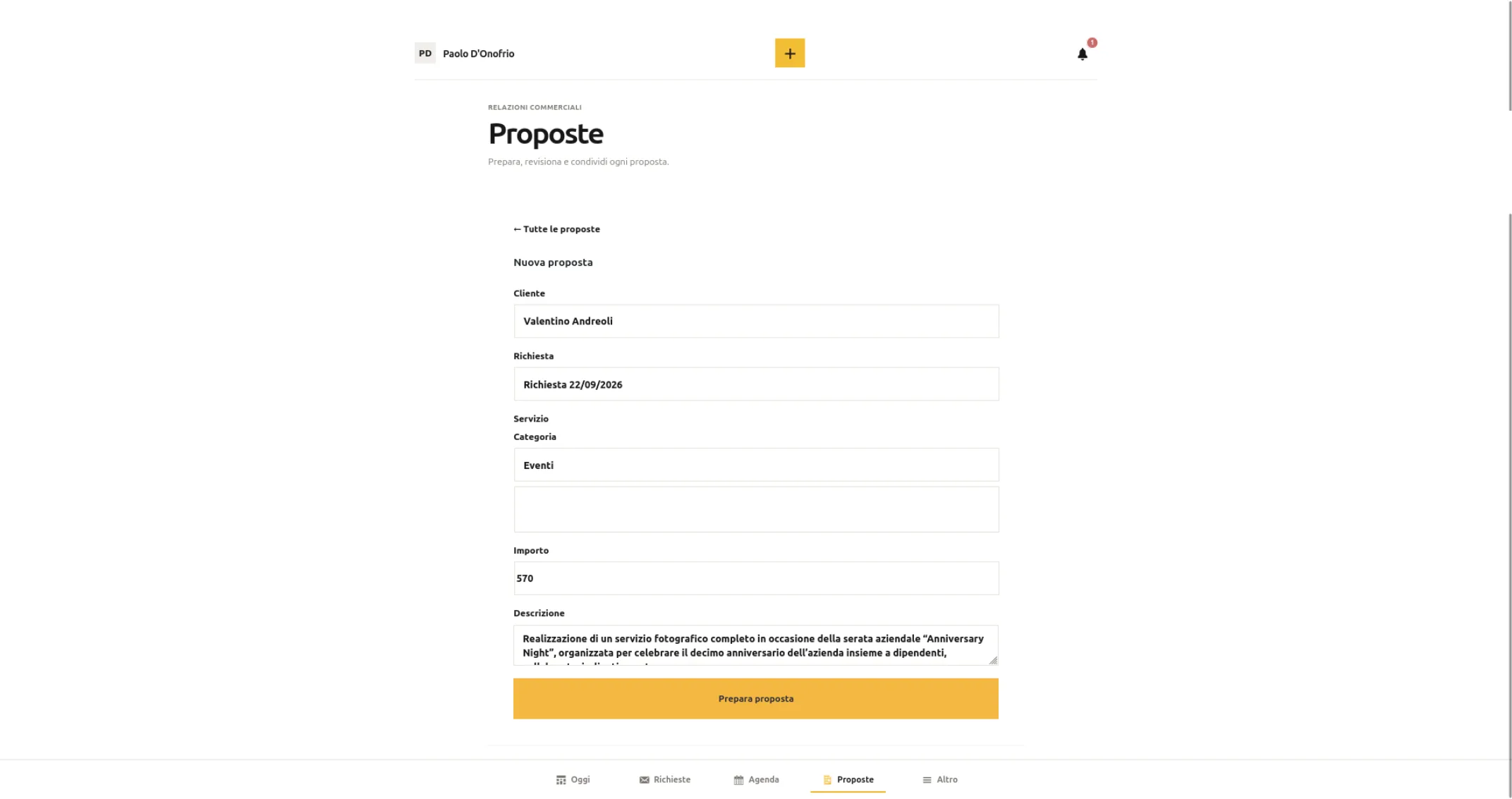 Preparazione di una proposta con servizio, importo e descrizione