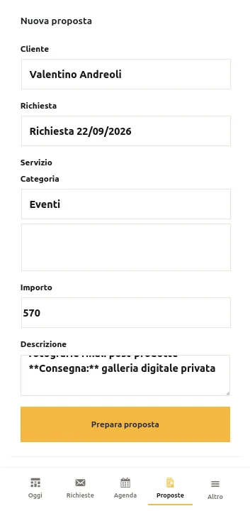 Preparazione di una proposta con servizio, importo e descrizione