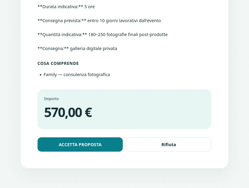Pagina pubblica della proposta con importo e azioni