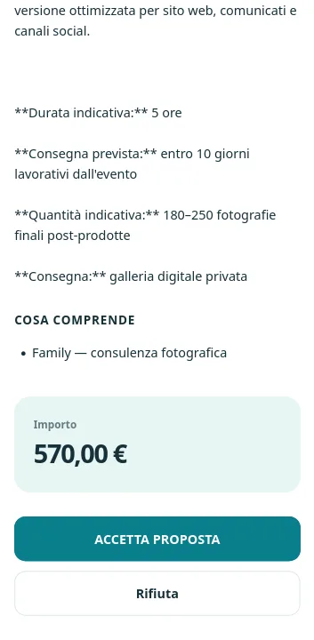 Pagina pubblica della proposta con importo e azioni