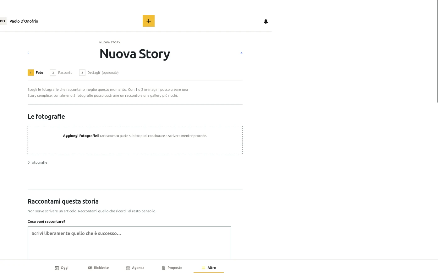 Nuova Story con fotografie, racconto e dettagli