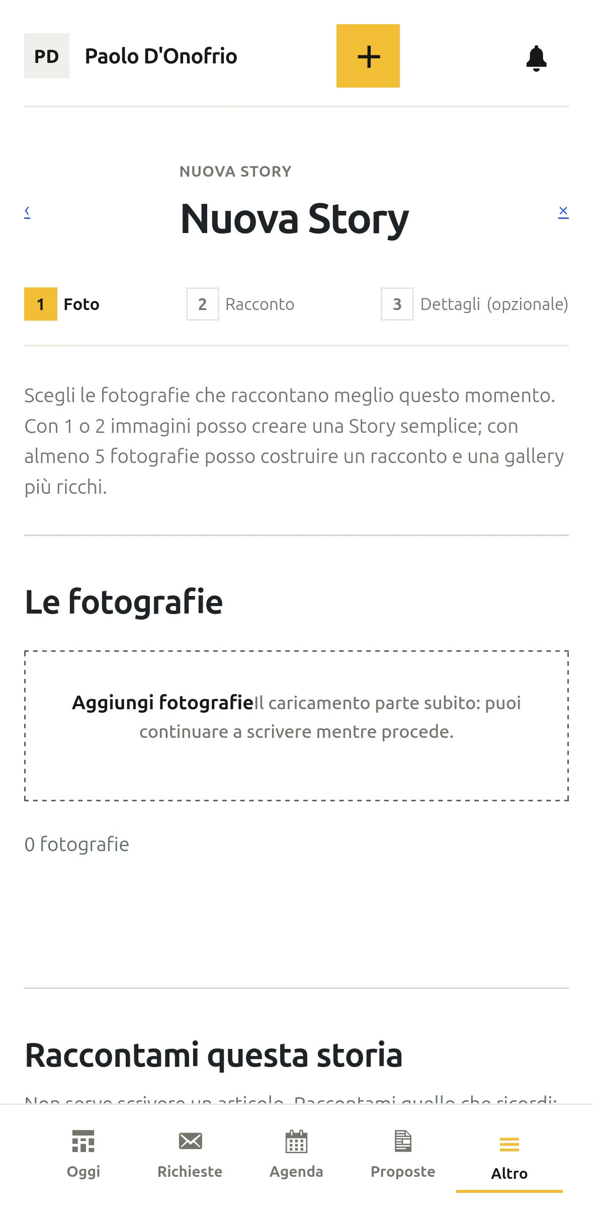 Nuova Story con fotografie, racconto e dettagli